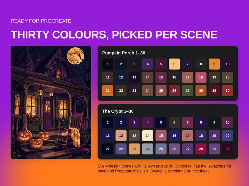 May include: A digital color palette set for Procreate featuring two collections titled Pumpkin Porch 1-30 and The Crypt 1-30. Each set contains thirty numbered color swatches displayed in a grid, accompanied by an illustration of a house.