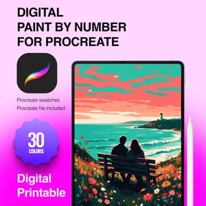 May include: A digital paint by number for Procreate featuring a tablet displaying a couple sitting on a bench overlooking a coastal landscape with a lighthouse. The graphic includes the text Digital Paint By Number For Procreate, 30 Colors, and Digital Printable, along with a Procreate app icon and a white stylus.