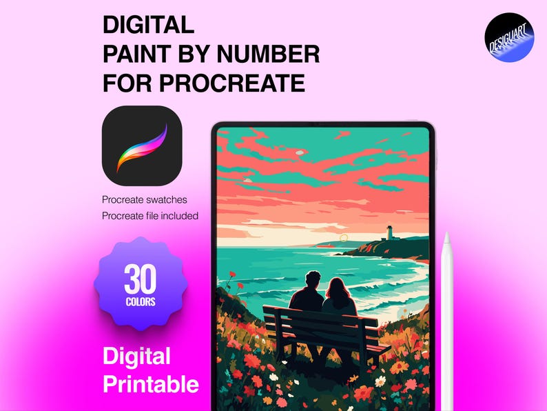 May include: A digital paint by number for Procreate featuring a tablet displaying a couple sitting on a bench overlooking a coastal landscape with a lighthouse. The graphic includes the text Digital Paint By Number For Procreate, 30 Colors, and Digital Printable, along with a Procreate app icon and a white stylus.