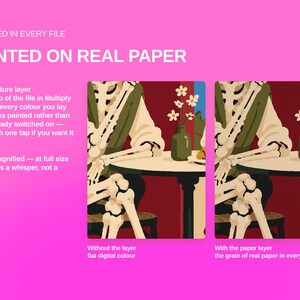 May include: A digital art product display on a bright pink background with the text INCLUDED IN EVERY FILE PAINTED ON REAL PAPER. It shows two side-by-side illustrations of a skeleton sitting at a table with a vase of flowers.