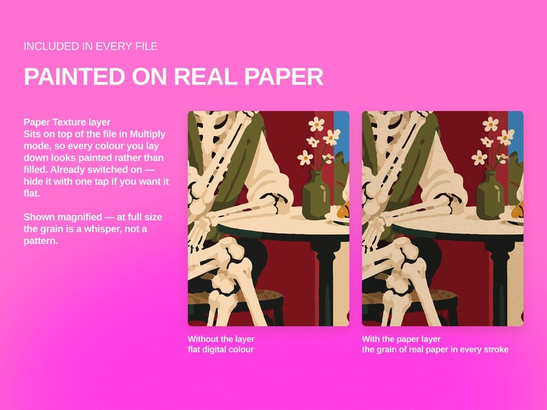 May include: A digital art product display on a bright pink background with the text INCLUDED IN EVERY FILE PAINTED ON REAL PAPER. It shows two side-by-side illustrations of a skeleton sitting at a table with a vase of flowers.