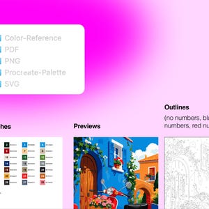 Puede incluir: Un conjunto de archivos digitales con una lista de carpetas que incluye Color-Reference, PDF, PNG, Procreate-Palette y SVG. Incluye una tabla de muestras de color numerada, una vista previa de una calle mediterr&aacute;nea y un esquema lineal.