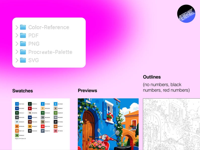 Puede incluir: Un conjunto de archivos digitales con una lista de carpetas que incluye Color-Reference, PDF, PNG, Procreate-Palette y SVG. Incluye una tabla de muestras de color numerada, una vista previa de una calle mediterr&aacute;nea y un esquema lineal.