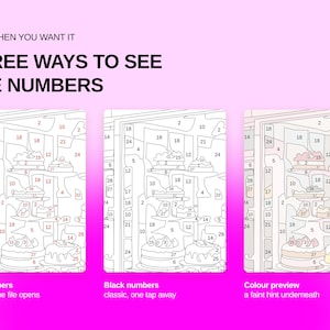 May include: A digital paint-by-number guide titled ONLY WHEN YOU WANT IT THREE WAYS TO SEE THE NUMBERS. It displays three versions of a cake stand illustration: one with red numbers, one with black numbers, and one with a faint color preview.