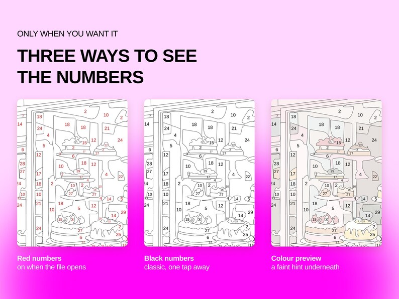 May include: A digital paint-by-number guide titled ONLY WHEN YOU WANT IT THREE WAYS TO SEE THE NUMBERS. It displays three versions of a cake stand illustration: one with red numbers, one with black numbers, and one with a faint color preview.