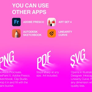 Puede incluir: Un gr&aacute;fico digital rosa brillante con el texto YOU CAN USE OTHER APPS, seguido de iconos para Adobe Fresco, Art Set 4, Autodesk Sketchbook y Linearity Curve. Debajo, las etiquetas de texto 3D en blanco PNG, PDF y SVG incluyen descripciones.