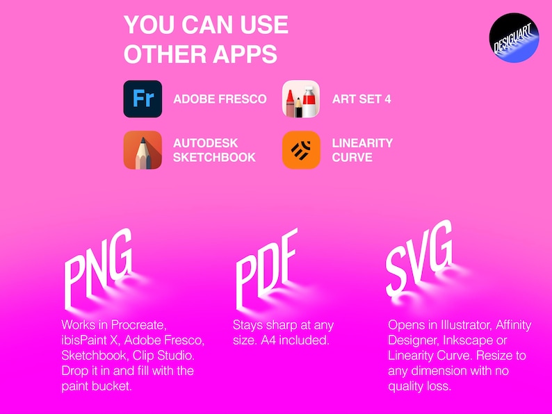 Puede incluir: Un gr&aacute;fico digital rosa brillante con el texto YOU CAN USE OTHER APPS, seguido de iconos para Adobe Fresco, Art Set 4, Autodesk Sketchbook y Linearity Curve. Debajo, las etiquetas de texto 3D en blanco PNG, PDF y SVG incluyen descripciones.