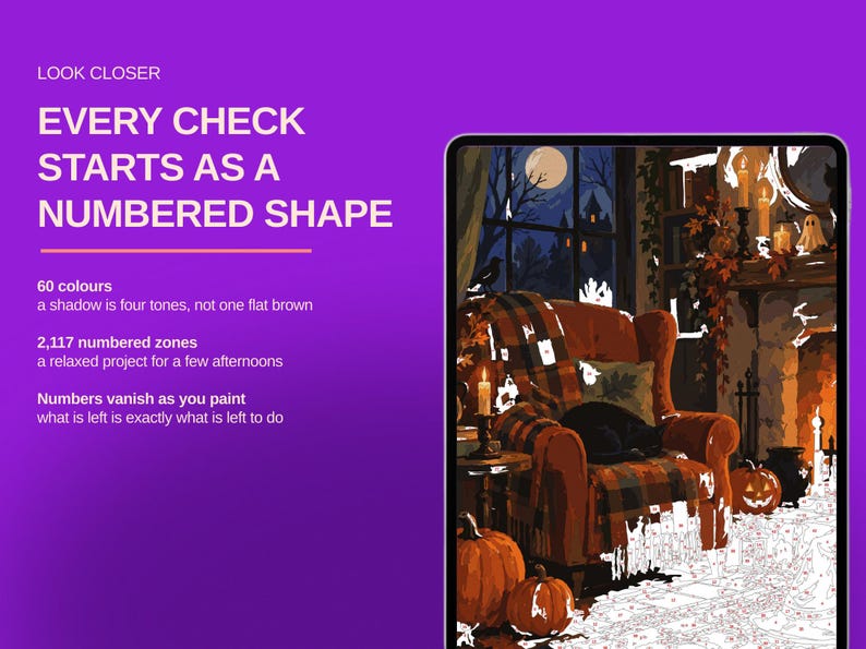 May include: A digital tablet displaying a paint-by-numbers project featuring a cozy room with a fireplace, pumpkins, and a cat on an armchair. The purple background includes the text: LOOK CLOSER, EVERY CHECK STARTS AS A NUMBERED SHAPE.