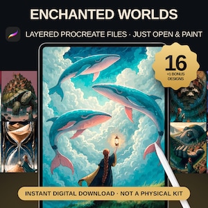 May include: A digital collection titled ENCHANTED WORLDS featuring 16 plus 1 bonus layered Procreate files. The display shows a central illustration of a person holding a lantern toward three blue whales in a cloudy sky, surrounded by smaller fantasy art panels.