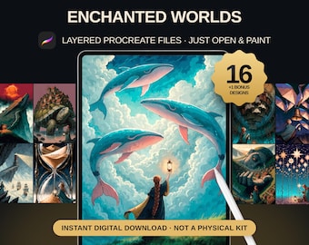 Libro para colorear por números "Mundos Encantados" para Procreate, 16+1 diseños adicionales (descarga digital)