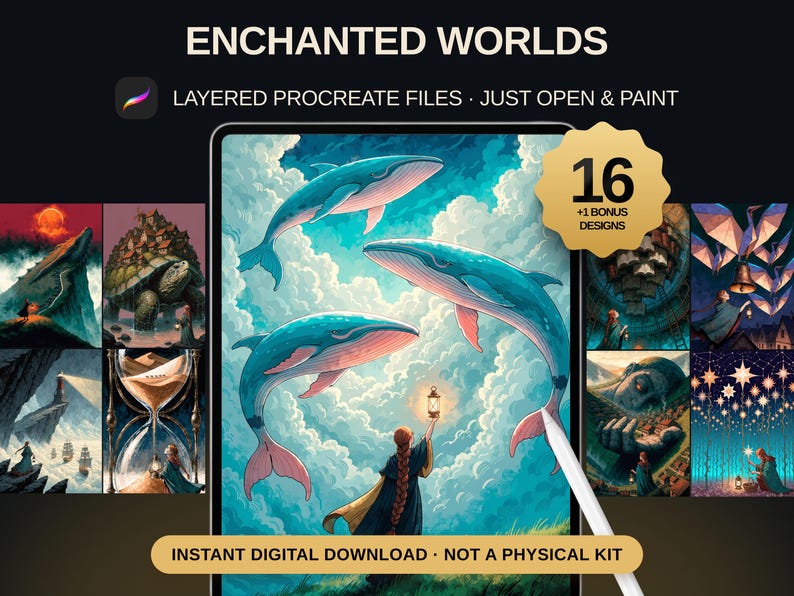 May include: A digital collection titled ENCHANTED WORLDS featuring 16 plus 1 bonus layered Procreate files. The display shows a central illustration of a person holding a lantern toward three blue whales in a cloudy sky, surrounded by smaller fantasy art panels.