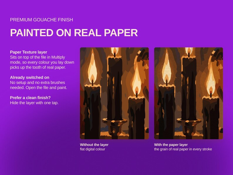 May include: A digital graphic on a purple background featuring the text PREMIUM GOUACHE FINISH PAINTED ON REAL PAPER. It displays two side-by-side illustrations of three black candles with orange flames, labeled Without the layer and With the paper layer.