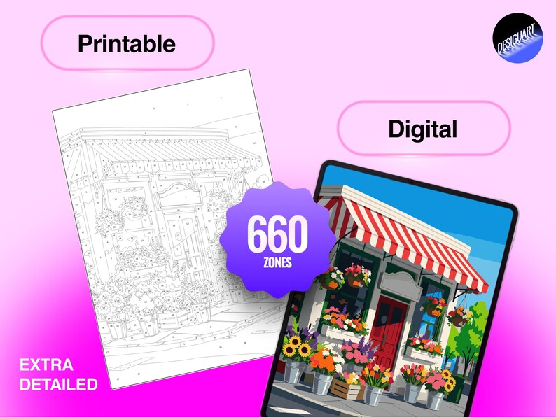 May include: A paint-by-number set featuring a black and white line art printable and a full-color digital version of a flower shop storefront. The design includes 660 zones for coloring, with text labels reading Printable, Digital, and Extra Detailed.