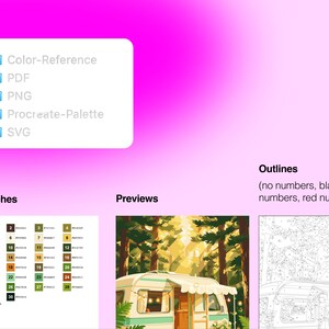 May include: A digital file set featuring a color reference, PDF, PNG, Procreate palette, and SVG folders. Includes a numbered color swatch chart, a preview of a camper in a forest, and an outline drawing with options for no, black, or red numbers.