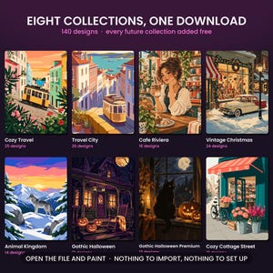May include: A digital collection of 140 designs titled EIGHT COLLECTIONS, ONE DOWNLOAD. The image displays eight distinct illustrated scenes including travel landscapes, a cafe, a vintage Christmas, a wolf, and Halloween themes with text labels.