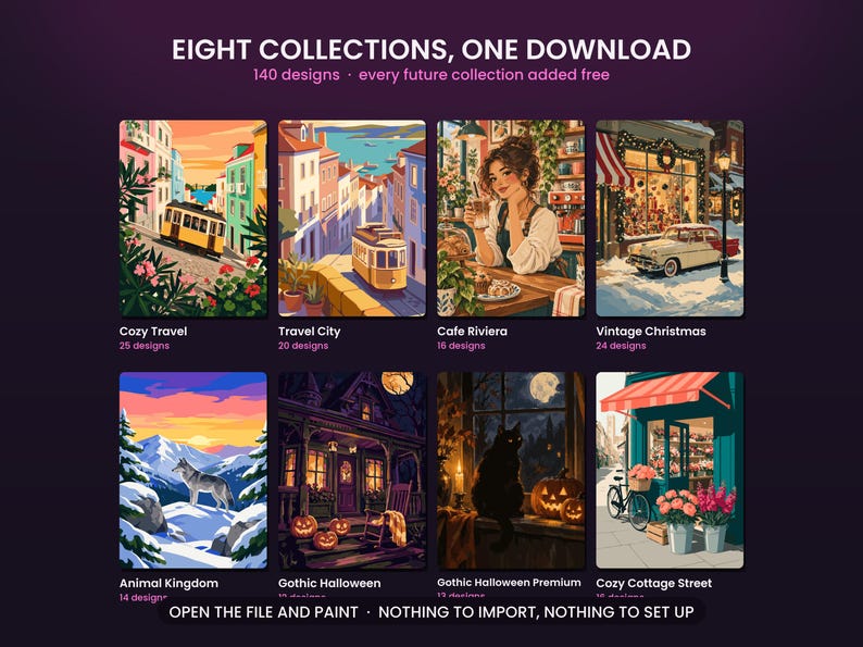 May include: A digital collection of 140 designs titled EIGHT COLLECTIONS, ONE DOWNLOAD. The image displays eight distinct illustrated scenes including travel landscapes, a cafe, a vintage Christmas, a wolf, and Halloween themes with text labels.