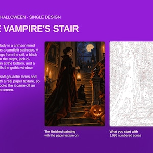 May include: A paint-by-number kit titled The Vampire's Stair featuring a finished painting of a figure in a crimson-lined cloak on a candlelit staircase with a black cat and jack-o'-lanterns, alongside a numbered outline template with 1,986 zones.