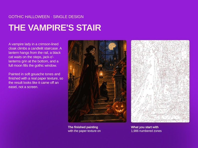 May include: A paint-by-number kit titled The Vampire's Stair featuring a finished painting of a figure in a crimson-lined cloak on a candlelit staircase with a black cat and jack-o'-lanterns, alongside a numbered outline template with 1,986 zones.