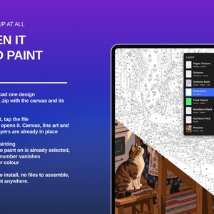 May include: A digital tablet displays a paint-by-number illustration of a person and a cat in a kitchen. The screen shows a Procreate layers menu with options like Paper Texture, Scheme, Draw here, and Numbers. Text reads: NO SETUP AT ALL.