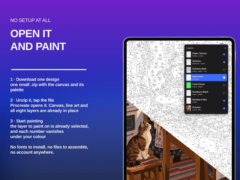 May include: A digital tablet displays a paint-by-number illustration of a person and a cat in a kitchen. The screen shows a Procreate layers menu with options like Paper Texture, Scheme, Draw here, and Numbers. Text reads: NO SETUP AT ALL.