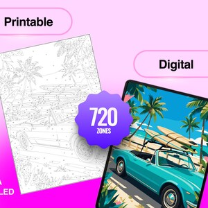 May include: A digital and printable coloring page set featuring a turquoise convertible car with surfboards on the roof parked on a beach with palm trees. The image includes the text Printable, Digital, 720 ZONES, EXTRA DETAILED, and DESIGUART.