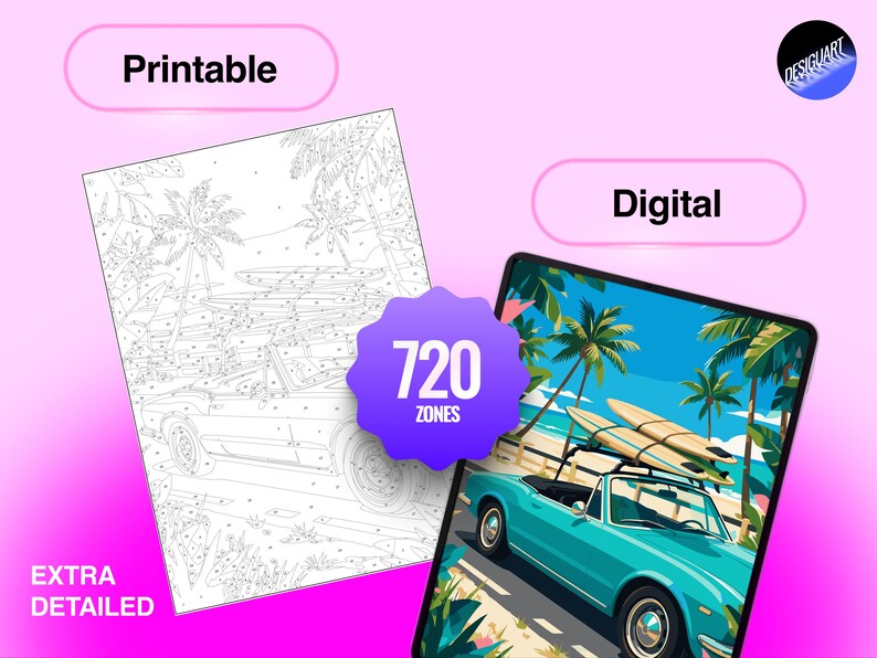 May include: A digital and printable coloring page set featuring a turquoise convertible car with surfboards on the roof parked on a beach with palm trees. The image includes the text Printable, Digital, 720 ZONES, EXTRA DETAILED, and DESIGUART.