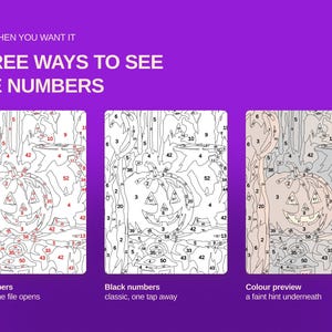 May include: A digital paint-by-number template featuring a Halloween pumpkin scene. The graphic displays three variations: red numbers, black numbers, and a color preview. Text reads: ONLY WHEN YOU WANT IT, THREE WAYS TO SEE THE NUMBERS.