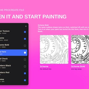Puede incluir: Una interfaz digital sobre un fondo rosa brillante que muestra un men&uacute; de capas de Procreate con opciones como Paper Texture, Scheme, Scheme Bold y Draw here. Se muestran dos vistas previas cuadradas de arte lineal llamadas Scheme y Scheme Bold.
