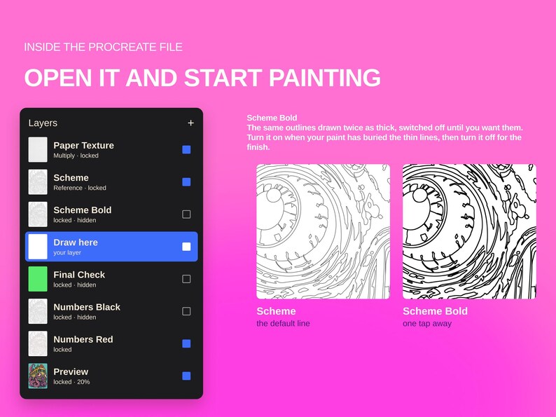 Puede incluir: Una interfaz digital sobre un fondo rosa brillante que muestra un men&uacute; de capas de Procreate con opciones como Paper Texture, Scheme, Scheme Bold y Draw here. Se muestran dos vistas previas cuadradas de arte lineal llamadas Scheme y Scheme Bold.