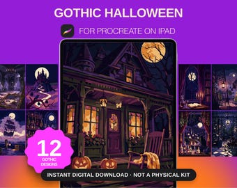 May include: A digital collection titled GOTHIC HALLOWEEN FOR PROCREATE ON IPAD featuring 12 gothic designs. The main image shows a dark house with a porch, pumpkins, and a rocking chair under a full moon. Smaller panels display scenes of ships, castles, and interiors.