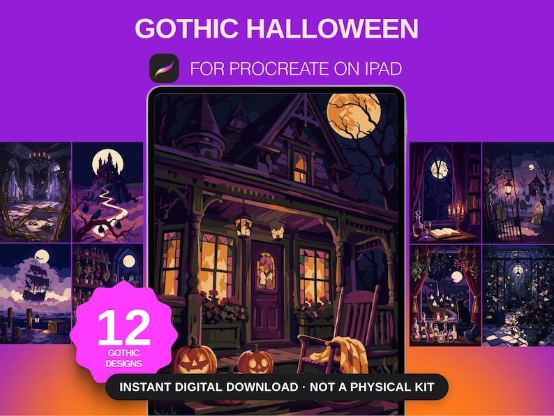 May include: A digital collection titled GOTHIC HALLOWEEN FOR PROCREATE ON IPAD featuring 12 gothic designs. The main image shows a dark house with a porch, pumpkins, and a rocking chair under a full moon. Smaller panels display scenes of ships, castles, and interiors.