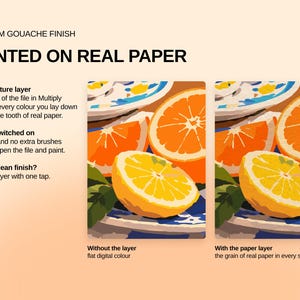 May include: A digital graphic showing a gouache painting effect with two side-by-side images of sliced oranges. Text includes PREMIUM GOUACHE FINISH, PAINTED ON REAL PAPER, Paper Texture layer, Already switched on, and Prefer a clean finish?