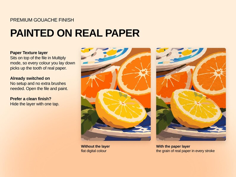 May include: A digital graphic showing a gouache painting effect with two side-by-side images of sliced oranges. Text includes PREMIUM GOUACHE FINISH, PAINTED ON REAL PAPER, Paper Texture layer, Already switched on, and Prefer a clean finish?