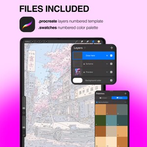 May include: A digital art template for Procreate featuring a numbered paint-by-number street scene with a car and cherry blossoms. Includes a layers panel, a numbered color palette, and text reading FILES INCLUDED, .procreate, and .swatches.