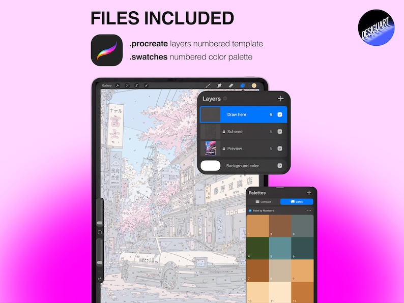 May include: A digital art template for Procreate featuring a numbered paint-by-number street scene with a car and cherry blossoms. Includes a layers panel, a numbered color palette, and text reading FILES INCLUDED, .procreate, and .swatches.