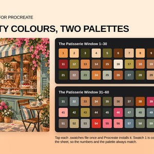 May include: A digital color palette set for Procreate featuring sixty swatches organized into two groups labeled The Patisserie Window 1-30 and 31-60. The image displays a bakery storefront illustration alongside numbered color squares.