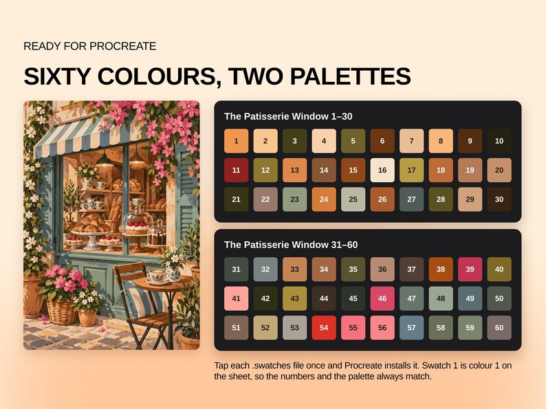 May include: A digital color palette set for Procreate featuring sixty swatches organized into two groups labeled The Patisserie Window 1-30 and 31-60. The image displays a bakery storefront illustration alongside numbered color squares.