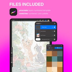 Puede incluir: Una plantilla digital de pintura por n&uacute;meros para Procreate con una ilustraci&oacute;n de gato y secciones numeradas. El archivo incluye una plantilla con capas y una paleta de colores numerada. El texto dice FILES INCLUDED, .procreate layers numbered template y .swatches numbered color palette.