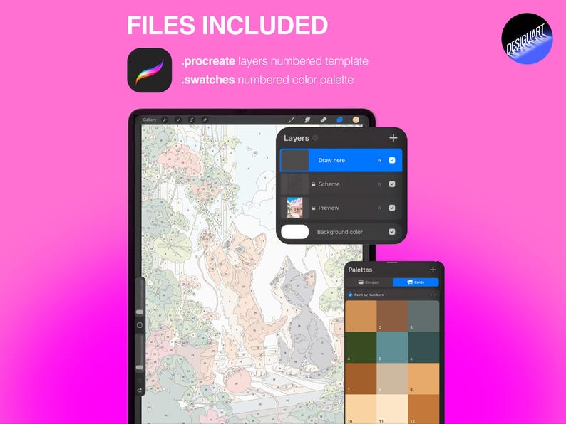 Puede incluir: Una plantilla digital de pintura por n&uacute;meros para Procreate con una ilustraci&oacute;n de gato y secciones numeradas. El archivo incluye una plantilla con capas y una paleta de colores numerada. El texto dice FILES INCLUDED, .procreate layers numbered template y .swatches numbered color palette.