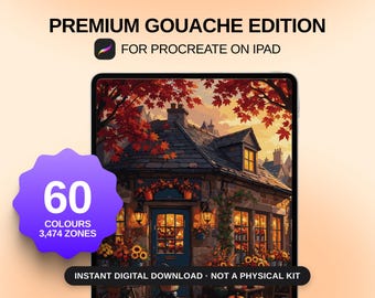 May include: A digital art file for Procreate on iPad titled PREMIUM GOUACHE EDITION. It features a stone cottage with autumn foliage, a blue door, and warm glowing windows. A purple badge displays 60 COLOURS and 3,474 ZONES. Text states INSTANT DIGITAL DOWNLOAD NOT A PHYSICAL KIT.