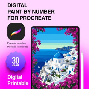Puede incluir: Un kit de pintura digital por n&uacute;meros para Procreate que muestra un paisaje de isla griega con edificios blancos, c&uacute;pulas azules y buganvillas rosas. El gr&aacute;fico incluye el texto "DIGITAL PAINT BY NUMBER FOR PROCREATE", "30 COLORS" y "Digital Printable".