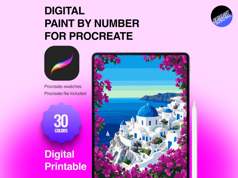 Puede incluir: Un kit de pintura digital por n&uacute;meros para Procreate que muestra un paisaje de isla griega con edificios blancos, c&uacute;pulas azules y buganvillas rosas. El gr&aacute;fico incluye el texto "DIGITAL PAINT BY NUMBER FOR PROCREATE", "30 COLORS" y "Digital Printable".