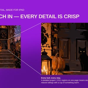 May include: A digital illustration of a house entrance at dusk with a black cat, pumpkins, and a lantern on the steps. Text reads: HIGH DETAIL, MADE FOR IPAD, PINCH IN &mdash; EVERY DETAIL IS CRISP, Every leaf, every step. A detailed project: 3,511 regions.