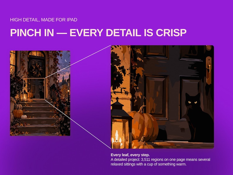 May include: A digital illustration of a house entrance at dusk with a black cat, pumpkins, and a lantern on the steps. Text reads: HIGH DETAIL, MADE FOR IPAD, PINCH IN &mdash; EVERY DETAIL IS CRISP, Every leaf, every step. A detailed project: 3,511 regions.