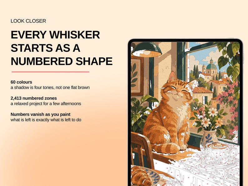 May include: A paint-by-numbers kit displayed on a tablet screen featuring an orange tabby cat sitting on a windowsill. The text reads: LOOK CLOSER, EVERY WHISKER STARTS AS A NUMBERED SHAPE, 60 colours, 2,413 numbered zones, Numbers vanish as you paint.