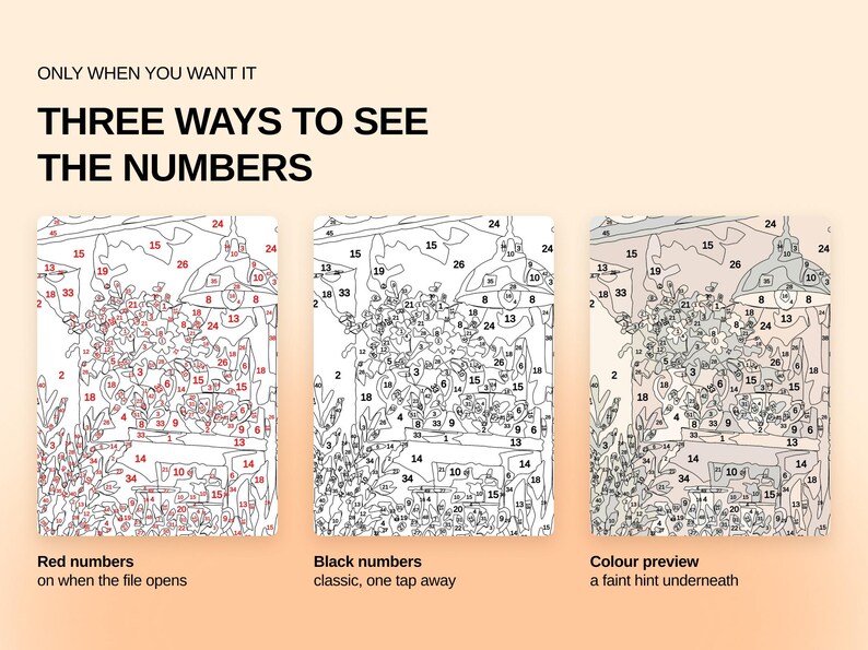 May include: A digital paint-by-number guide displaying three visual options: red numbers on a white background, black numbers on a white background, and a faint color preview. The text reads: ONLY WHEN YOU WANT IT, THREE WAYS TO SEE THE NUMBERS.