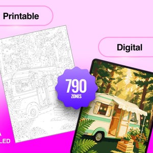 May include: A paint-by-number set featuring a printable black and white line art page and a digital color reference image of a vintage camper in a forest. A purple star-shaped badge displays the text 790 ZONES. The text EXTRA DETAILED is visible.