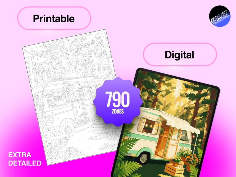 May include: A paint-by-number set featuring a printable black and white line art page and a digital color reference image of a vintage camper in a forest. A purple star-shaped badge displays the text 790 ZONES. The text EXTRA DETAILED is visible.