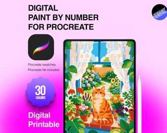 May include: A digital paint by number for Procreate featuring an orange tabby cat sitting on a windowsill surrounded by potted plants and flowers, with a garden view. The graphic includes the text Digital Paint by Number for Procreate, 30 Colors, and Digital Printable.