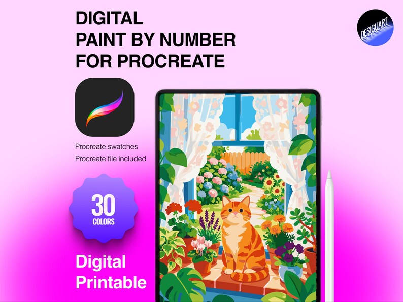 May include: A digital paint by number for Procreate featuring an orange tabby cat sitting on a windowsill surrounded by potted plants and flowers, with a garden view. The graphic includes the text Digital Paint by Number for Procreate, 30 Colors, and Digital Printable.